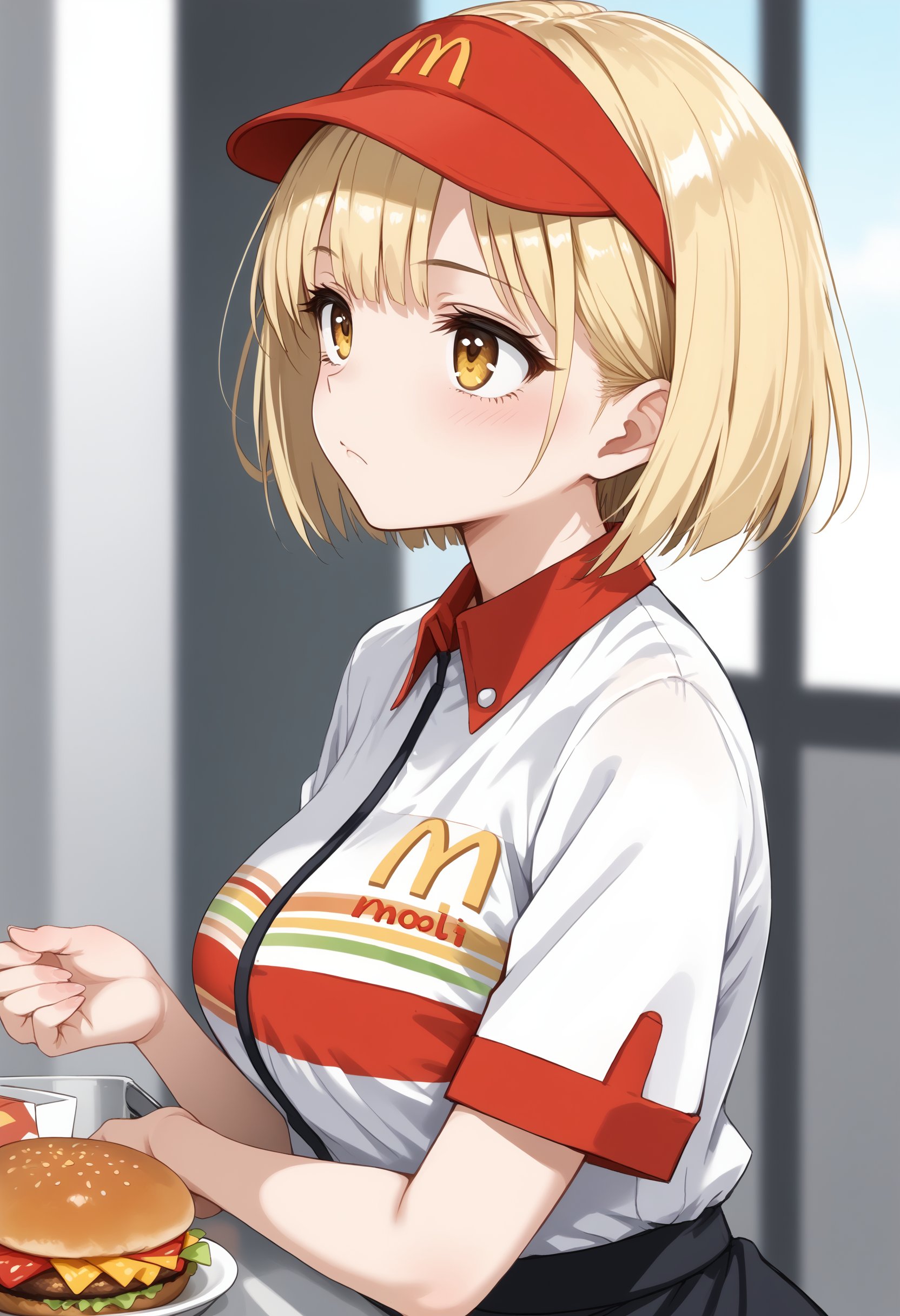 1girl, medium breasts,mac,employee uniform, fast food uniform, visor cap, short sleeves, clothes writing, <lora:Mac_Pony_v1:0.7>mcdonald's,from side, portrait, looking up, blonde hair, golden eyes,bored,  closed mouth, bowl cut hair,,