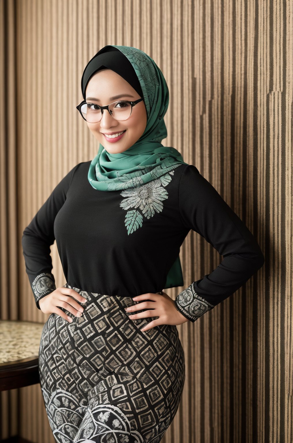 1girl, javabatik, mint and black batik, pattern batik, super realistic 3/4 shot, passionate pose, professional photography portrait of a 30 year old hijab woman in the luxury room, very realistic skin, cinematic lighting, very original batik fabric details, glasses, holding a waist, super thin and transparent leggings, long sleeve striped t-shirt, (big hips: 1.2), smiling, looking at the camera, (masterpiece :1.0), (best quality: 1.0), beautiful, (intricate details), unity 8k wallpaper, very detailed and really brightens up the realistic room, <lora:javabatik_1:0,8>