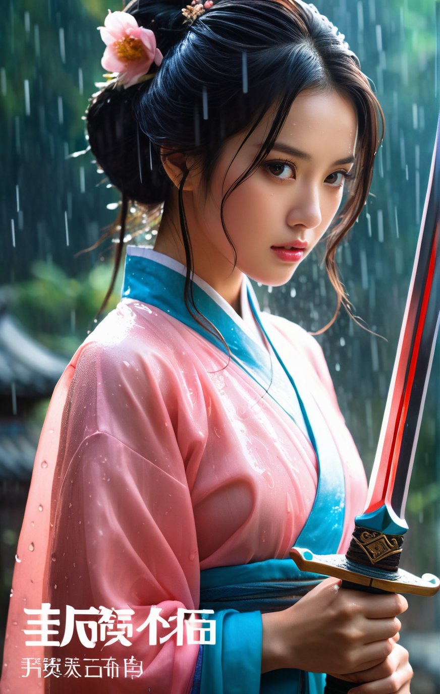 18 y.o beautiful girl and monster,transparent hanfu,masterpiece,best quality,eyes close-up,from_above,best fingers,facing viewer,magnificent,celestial,ethereal,painterly,epic,majestic,magical,fantasy art,cover art,dreamy,elegant,cinematic,background illuminated,rich deep colors,ambient dramatic atmosphere,creative,perfect,beautiful composition,intricate,detailed,ink and wash,soft backlight,traditional chinese characters,magazine cover,pink long upper shan,heavy rain,exaggerated dynamic posture,wet clothes,glaring,angry,wet_hair,(wet body:1.3),(take the sword:1.4),battle posture,