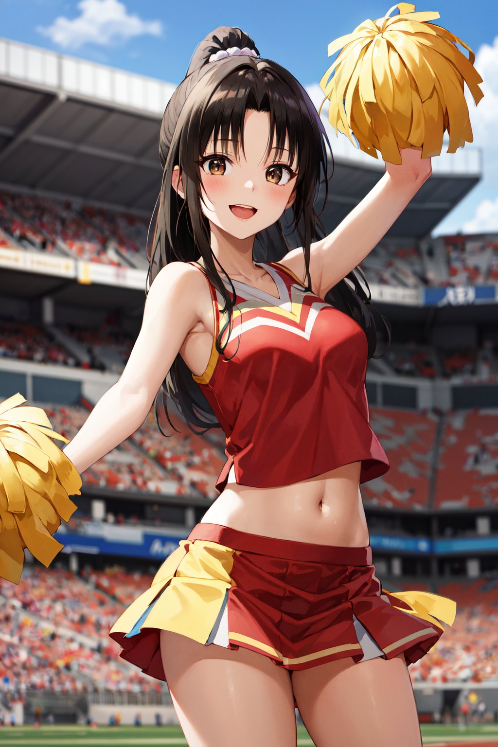 masterpiece, best quality, highres, 1girl, solo, long hair, black hair, ponytail, parted bangs, brown eyes, <lora:kujou_rin_v1:0.7>, cheerleader, pom pom \(cheerleading\), miniskirt, stadium, standing, armpits, hands up, smile, open mouth,