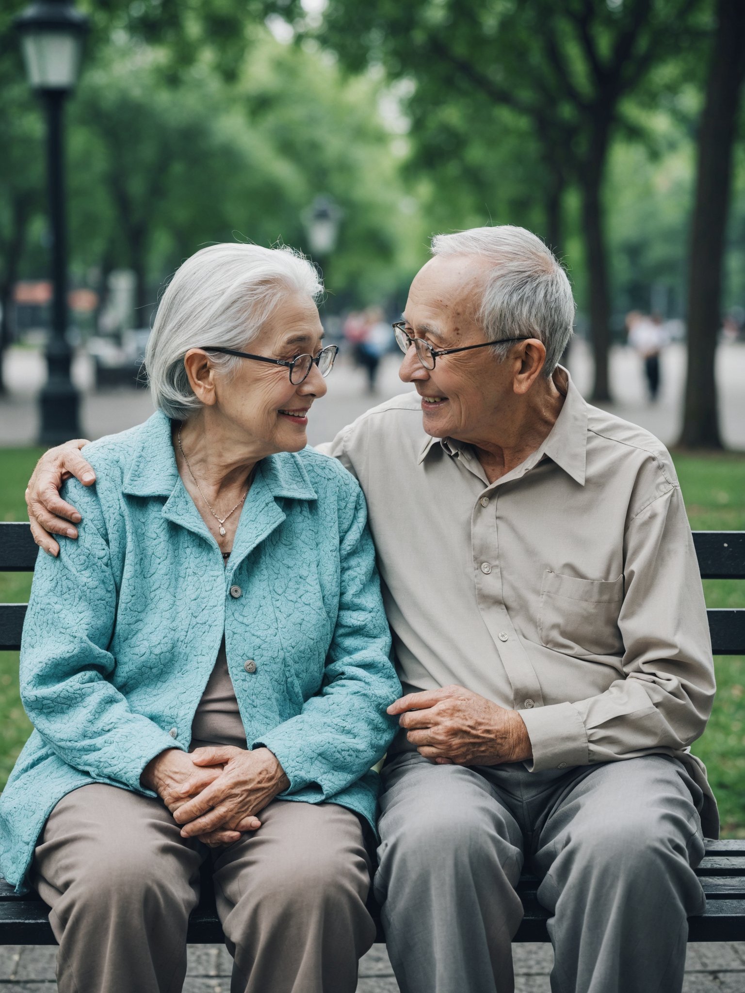 An elderly couple sat arm in arm on a park bench,looking at each other. Their faces were engraved with the wisdom of a lifetime,their eyes sparkled with contentment and smiles,and the couple wore reading glasses,