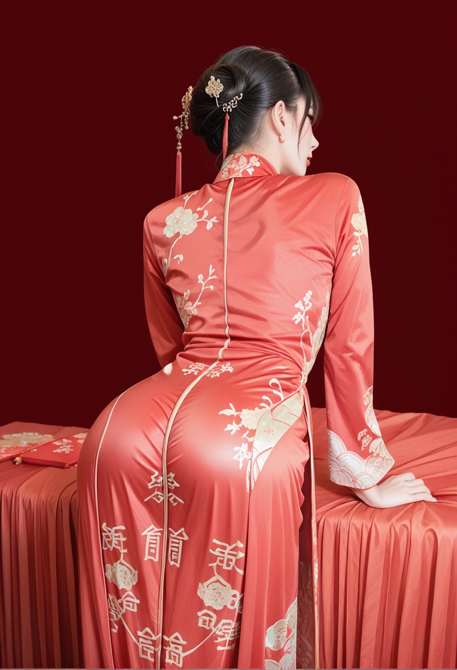 score_9,score_8_up,score_7_up,8k,red background,1girl,solo,,ruanyi0711,chinese clothes,red dress,long dress,long sleeves,from behind,huge ass,bent over,<lora:0711 Chinese wedding dress_v1_pony:1>