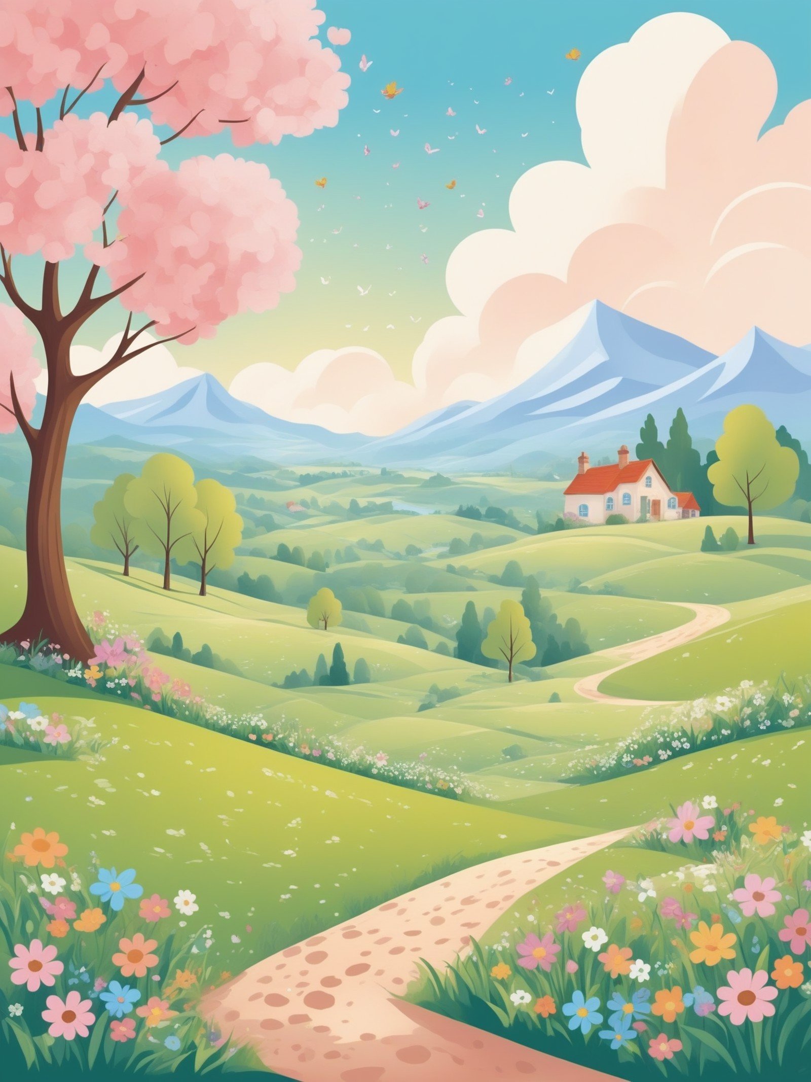 FRESHIDEAS landscape ,It's a whimsical scene,a spring landscape illustration,in the style of Adobe Illustrator,great work.,