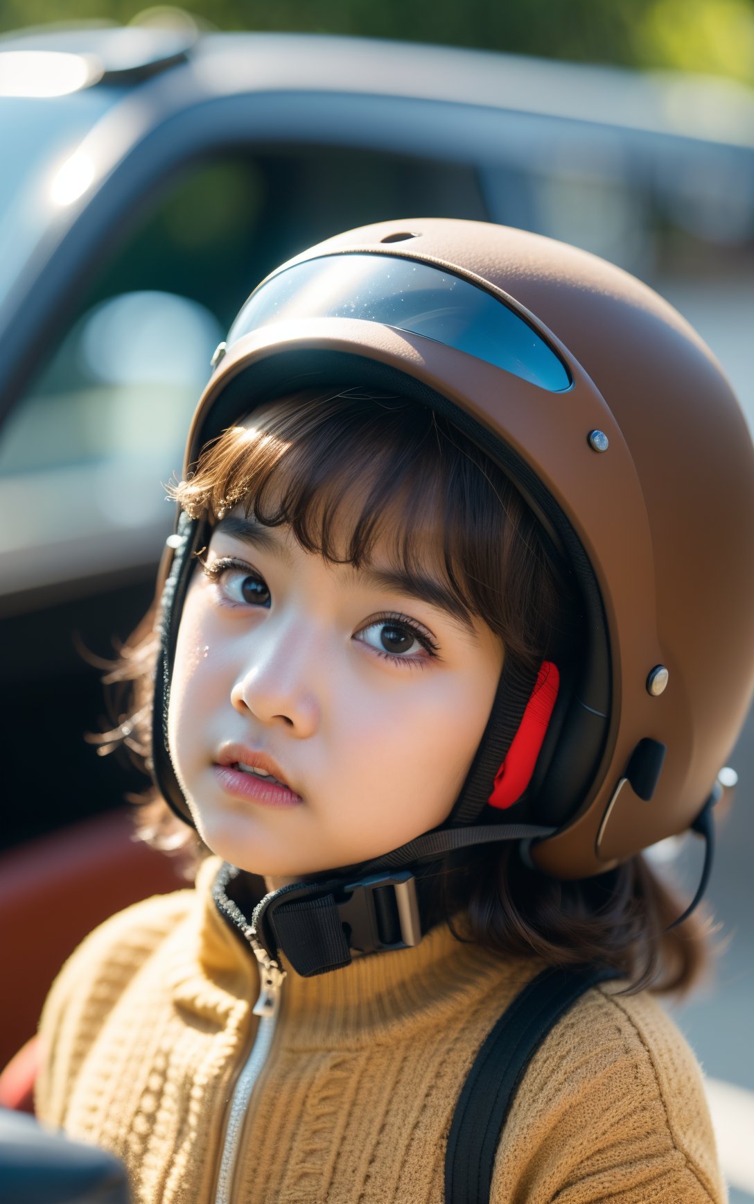 a young girl wearing a helmet and goggles with a helmet on her head and a car door open,depth of field,realistic,solo,1girl,lips,(brown eyes),brown hair,goggles,helmet,tears,hat,nose,looking at viewer,