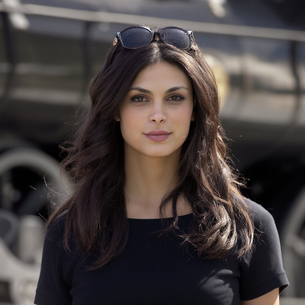 morena_baccarin, A woman with long brown hair is standing in front of a train. She is wearing a black top and has sunglasses on her head. The train is black and has large wheels on it. 