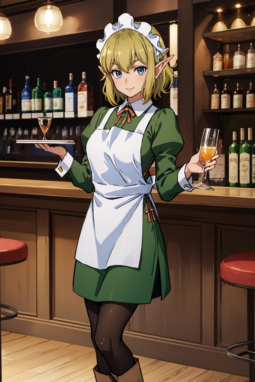 masterpiece, best quality, <lora:ryuulion-nvwls-v1-000008:0.9> ryuu, maid headdress, green dress, long sleeves, white apron, pantyhose, tavern, bar, boots, looking at viewer, whole body, smile, holding tray