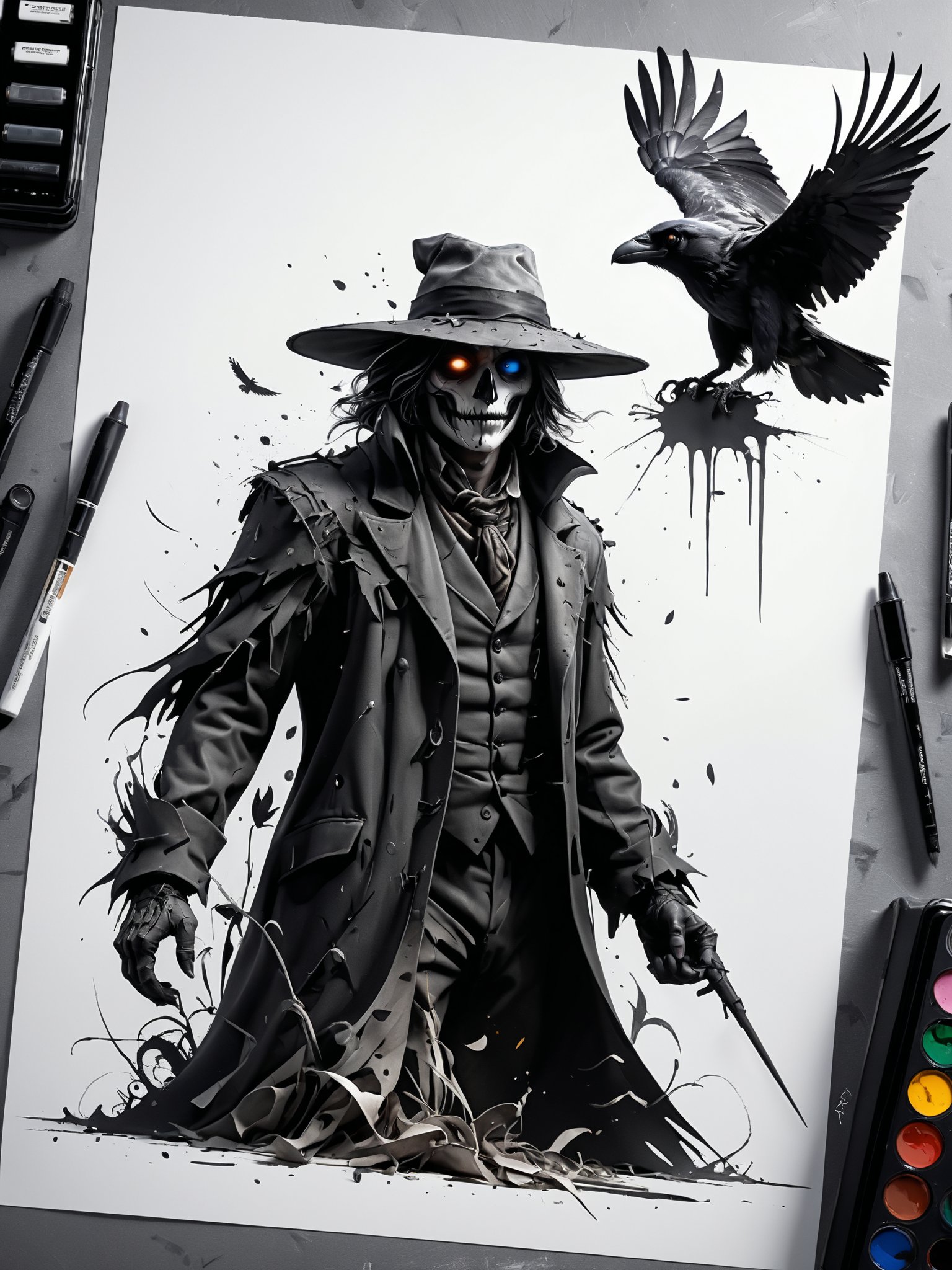 Vektor Create an exquisite ink painting on white paper that is the perfect multi-exposure work of art. This piece was intended to combine the volume-shaded of a Raven and a scarecrow . Hyper realistic .Tattoo style, paint splash, colors in white ,black and white , illustration, painting, photo, poster, dark fantasy, epic action, Unreal Engine, cinematic award winning artwork, many details, extreme detailed, full of details,Wide range of colors., dramatic, Dynamic,Cinematic,Sharp details, Insane quality. Insane resolution. Insane details. Masterpiece. 32k resolution. casting shadow style, cucoloris patterned illumination,  dvr-lnds-sdxl, ral-dissolve, ral-ertmsphr, ral-porcelain, ral-pxlprtcl, Niji, aidma-niji