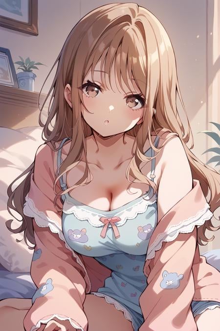 score_9, score_8_up, score_7_up, score_6_up, 1girl,<lora:Tendo_HayateV2:0.9> hayate, long hair, looking at viewer, brown hair, breasts, pajamas, brown eyes, cleavage, long sleeves, camisole, collarbone, bangs