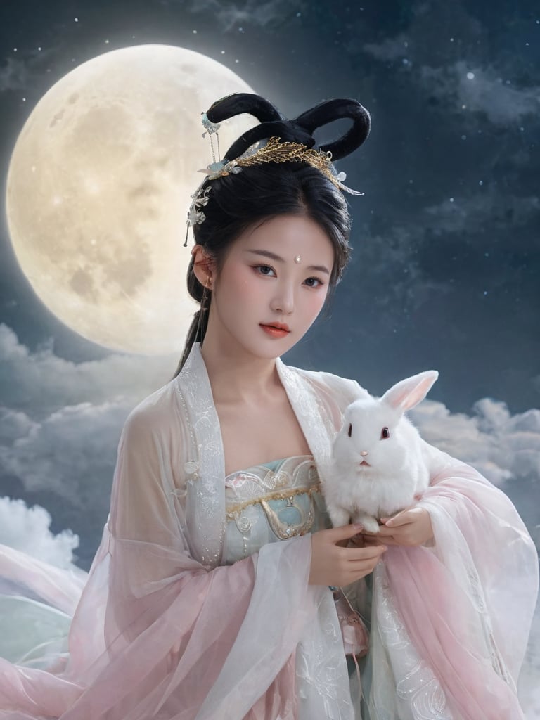 (Fairy Chang'e :1.5),1girl, beautiful face, (beautiful hands:1.5), white rabbit, chinese costume, looking at the viewer, moon, big moon in the background, natural light, cinematic color, high realism, high detail, surrounded by clouds<lora:FairyChang:0.55> 