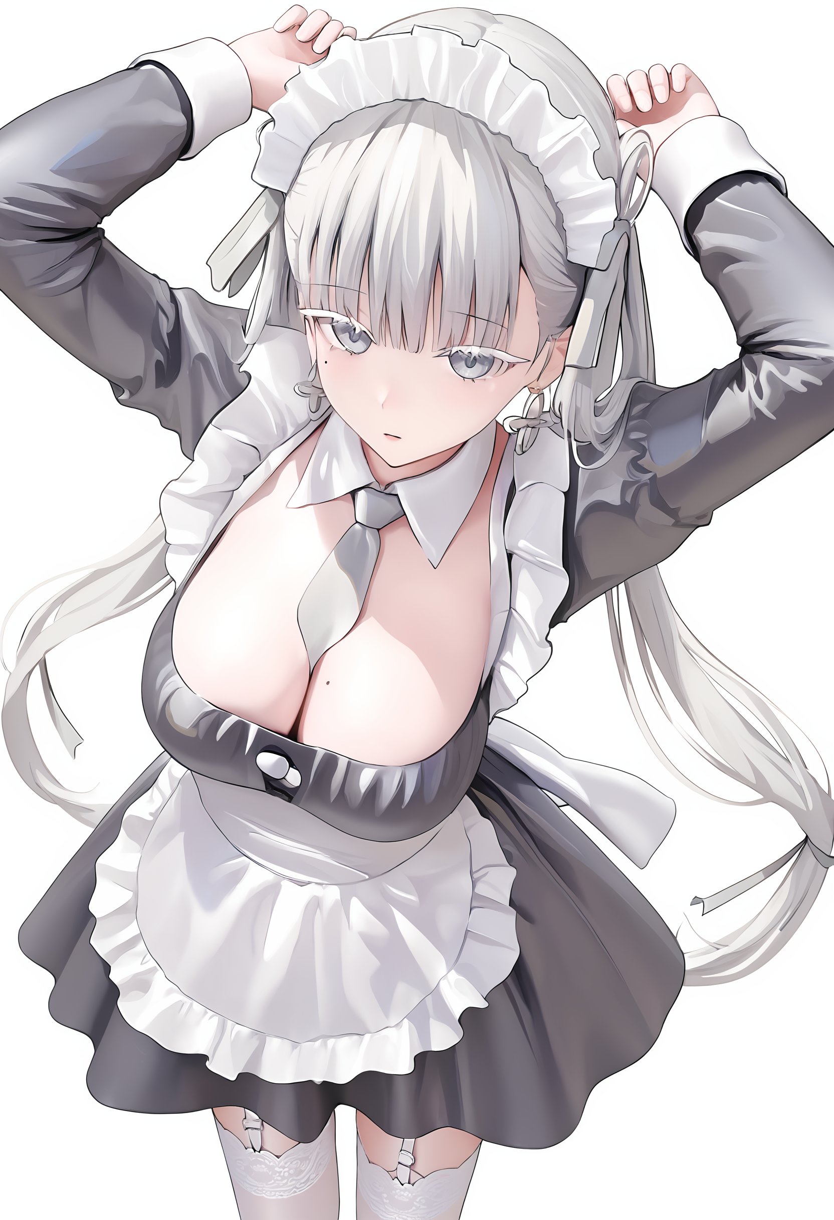 (masterpiece),(bestquality),tianzui,1girl,solo,large breasts,white background,maid dress,cleavage,maid headdress,tying hair,long sleeves,garter straps,white thighhighs,white apron,arms up,from above<lora:jinhsi-pony-v2-000008:0.6>,white eyelashes,grey hair ribbon,hair rings,tie tow side hair,grey eyes,twintails,earrings,white hair,mole under eye,jinhsi,<lora:tianzui-pony-v1-000008:0.6>,