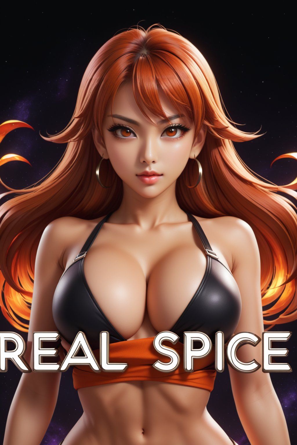 1girl, looking at viewer, sexy, hot, big breasts, text logo "Real Spice Anime", dark background<lora:EMS-344104-EMS:0.800000>
