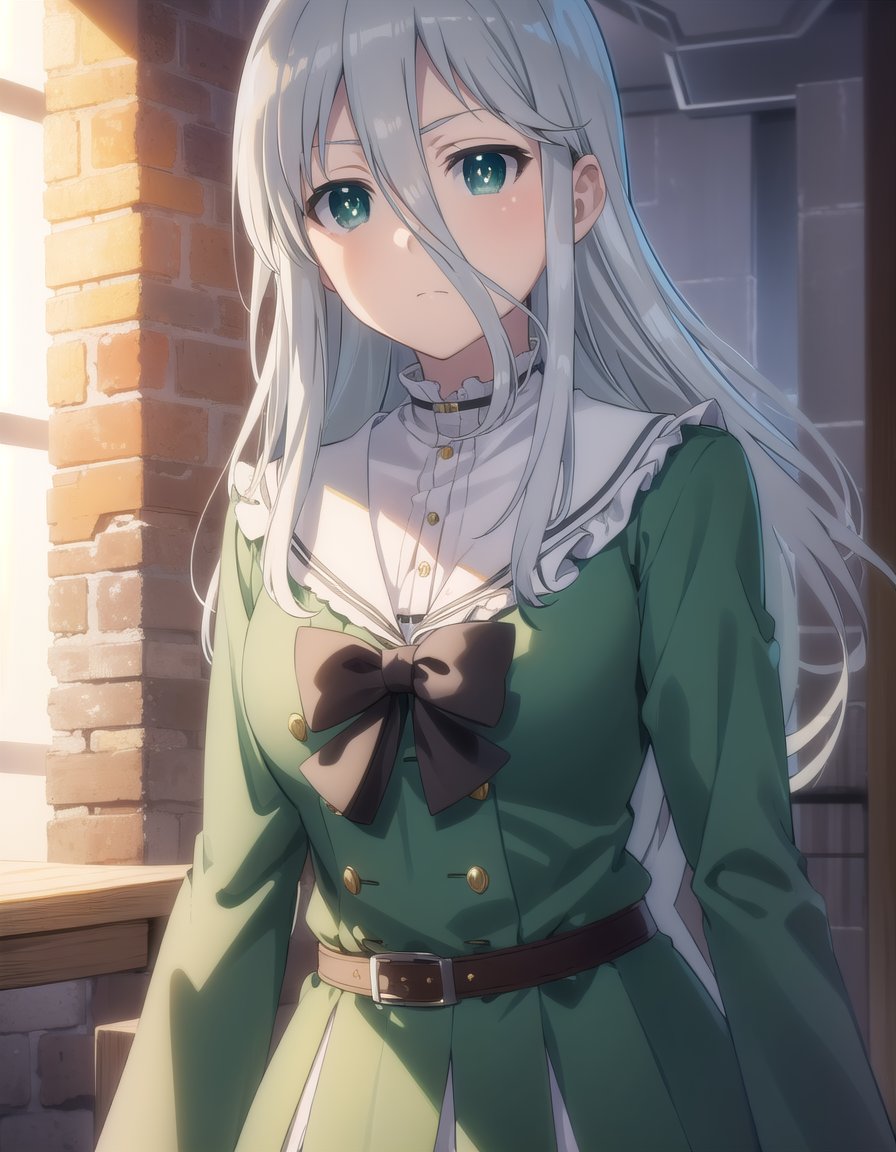 gekkosenko, <lora:sk gekko senko s1-lora-nochekaiser:1>,senko, long hair, hair between eyes, (green eyes:1.3), grey hair,BREAK bow, school uniform, serafuku, long sleeves, puffy sleeves, grey serafuku,BREAK indoors, classroom,BREAK looking at viewer, (cowboy shot:1.5),BREAK <lyco:GoodHands-beta2:1>, (masterpiece:1.2), best quality, high resolution, unity 8k wallpaper, (illustration:0.8), (beautiful detailed eyes:1.6), extremely detailed face, perfect lighting, extremely detailed CG, (perfect hands, perfect anatomy),