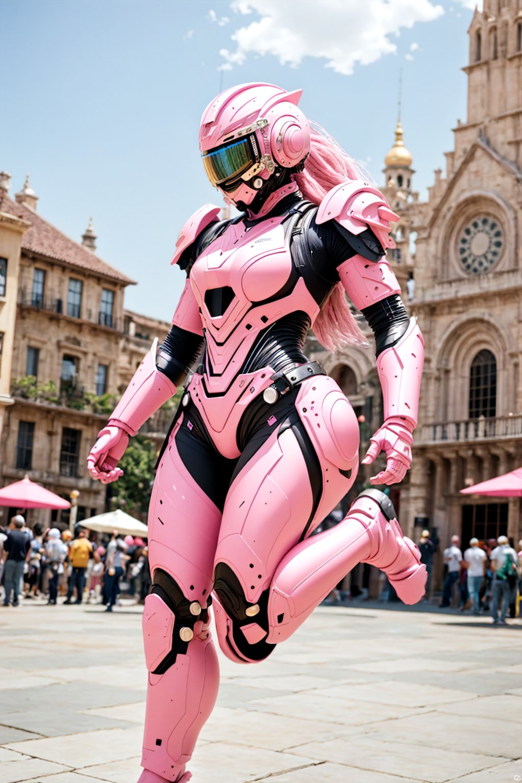 Wide angle 8k cinematic photo, full body view, (Pink zzmckzz:1.2), Protective helmet, Crowded Historic Architecture backdrop, Energetic Jumping Jacks, Vivid bokeh details, captured with a 35mm film camera <lora:zzmckzz v4:1>