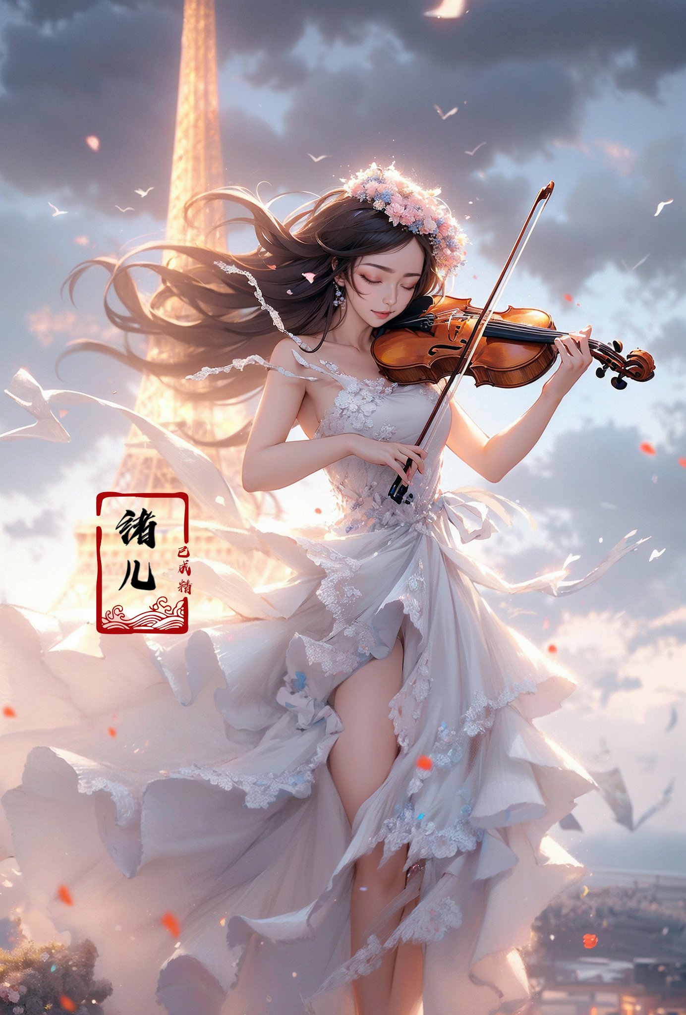 (A girl in a dress is in the air:1.3), playing a violin, Eiffel Tower background，(wide shot, wide-angle lens,Panoramic:1.2),super vista, super wide Angle，Low Angle shooting, super wide lens, blurry, blurry_background, blurry_foreground, depth_of_field, motion_blur,violin，bare shoulders，petals，White and blue dress，from below，blurry foreground， (Milky skin:1.4),(Closed eyes:1.3),(full body:1.5),(long legs:1.3),<lora:绪儿-小提琴 violin:0.8> 