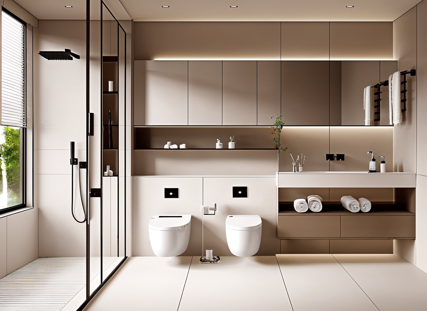 <lora:卫生间0.1:0.7>,interior design,bathroom,no humans,sink,indoors,window,toilet,scenery,mirrors,mirror,door,plant,faucet,toilet paper,light bar,flower,white tile,