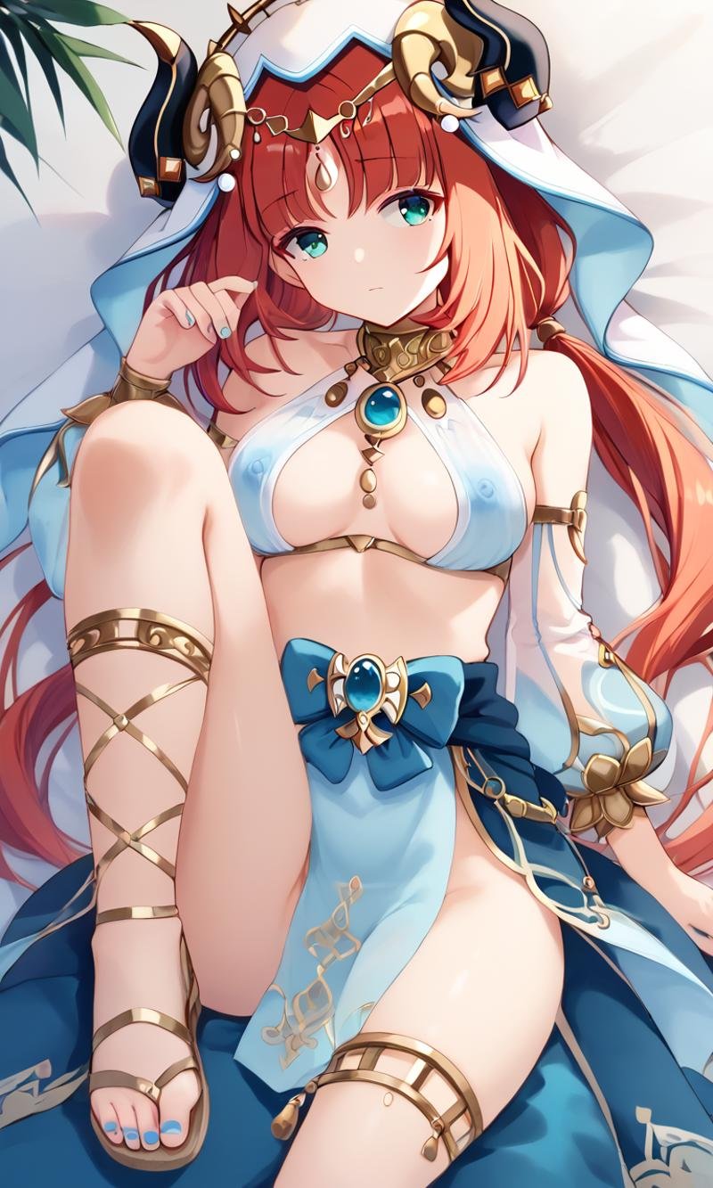 <lora:sdxl-gen-nilou-pony:0.8> gen-nilou, GenshinImpact, 1girl ,aqua eyes, eyeliner, orangered hair, shiny hair, horns, long hair, low twintails, parted bangs, sidelocks, medium breasts, blue nails, circlet, thighlet , neck ring +++ see-through veil, blue gemstone, white headwear, brooch, lightblue harem outfit, puffy long sleeves, bare shoulders, detached sleeves, gold trim, blue skirt, gladiator sandals +++ Gleeful, +++ arm at side, on back, looking afar, Establishing Shot, cinematic lighting, shadow dark dim forest, Slight light