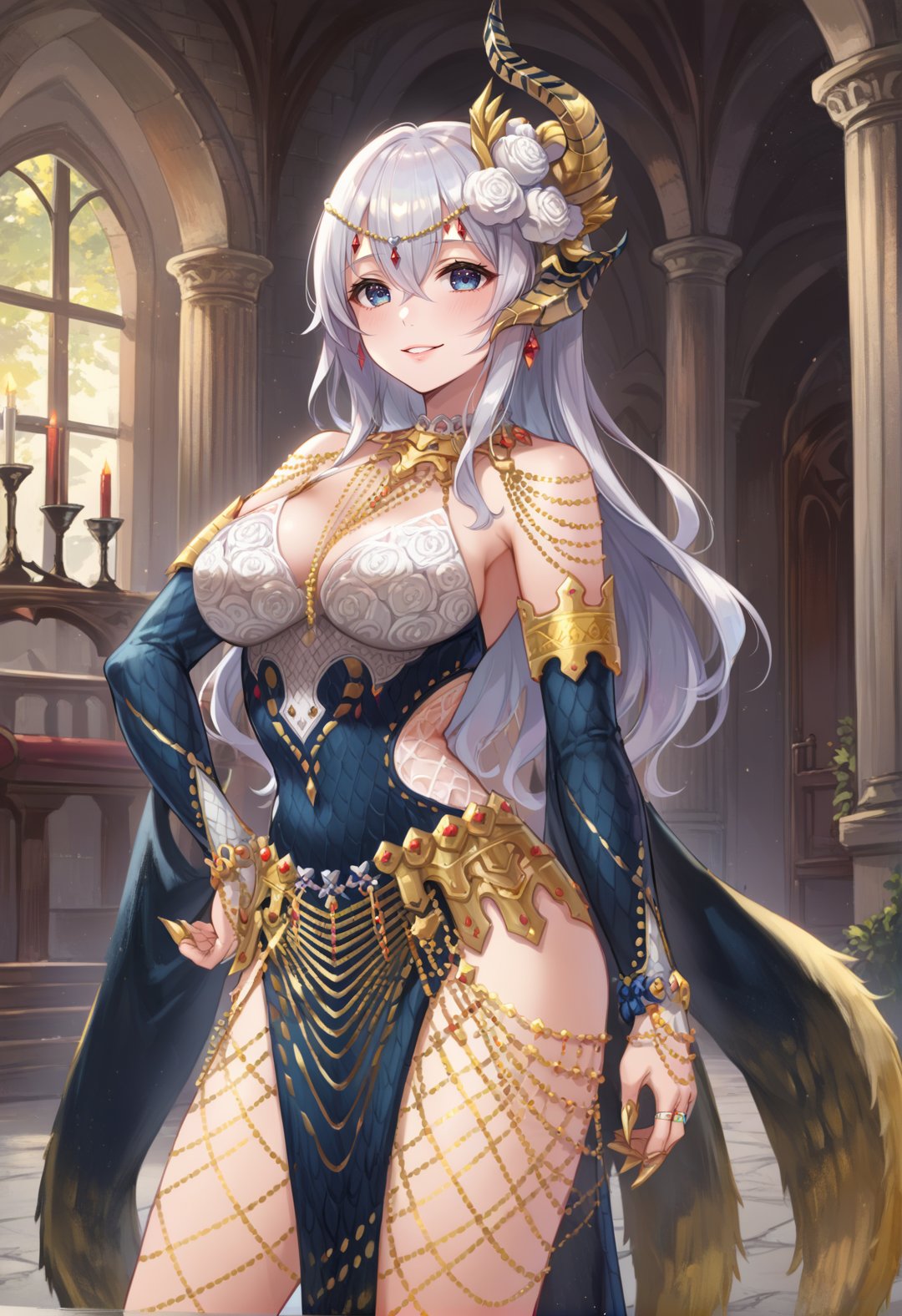 (score_9:0.9),score_8_up,score_7_up,rating_safe,anime style,(zPDXL),<lora:EX Kulve Taroth Beta Armor ponyXL v1.4:0.72>,1girl,solo,gold backless dress,long hair,large breasts,smile,hand on hip,gold detached sleeves,single horn hair ornament,parted lips,gold pelvic curtain,hair between eyes,ring,cleavage,blush,thighs,legs,ex kulve taroth beta armor,gold claw ring,gold castle, silver hair, 