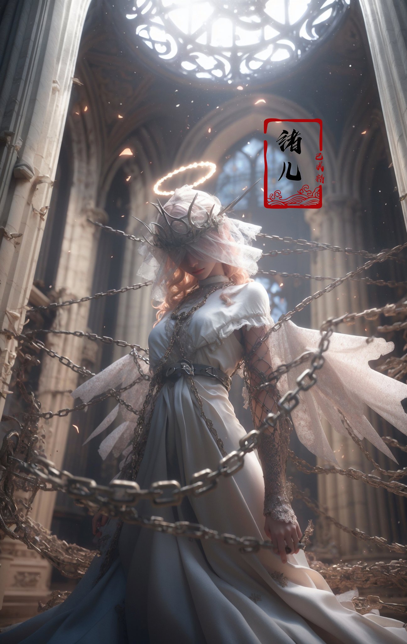 Epic CG masterpiece, a woman dressed in an angelic outfit in chains, delicate face, hdr,dtm, full ha,8K, ultra detailed graphic tension, dynamic poses, stunning colors, 3D rendering, surrealism, cinematic lighting effects, realism, 00 renderer, super realistic, full - body photos, super vista, super wide Angle, rich details, highest quality, extremely exquisite,Black background，1girl, chain, wings, solo, dress, blindfold, white dress, jewelry, veil, choker, ring, own hands together, angel wings, feathered wings, covered eyes, halo，wedding veil，<lora:绪儿-锁链天使 Angel:0.8>