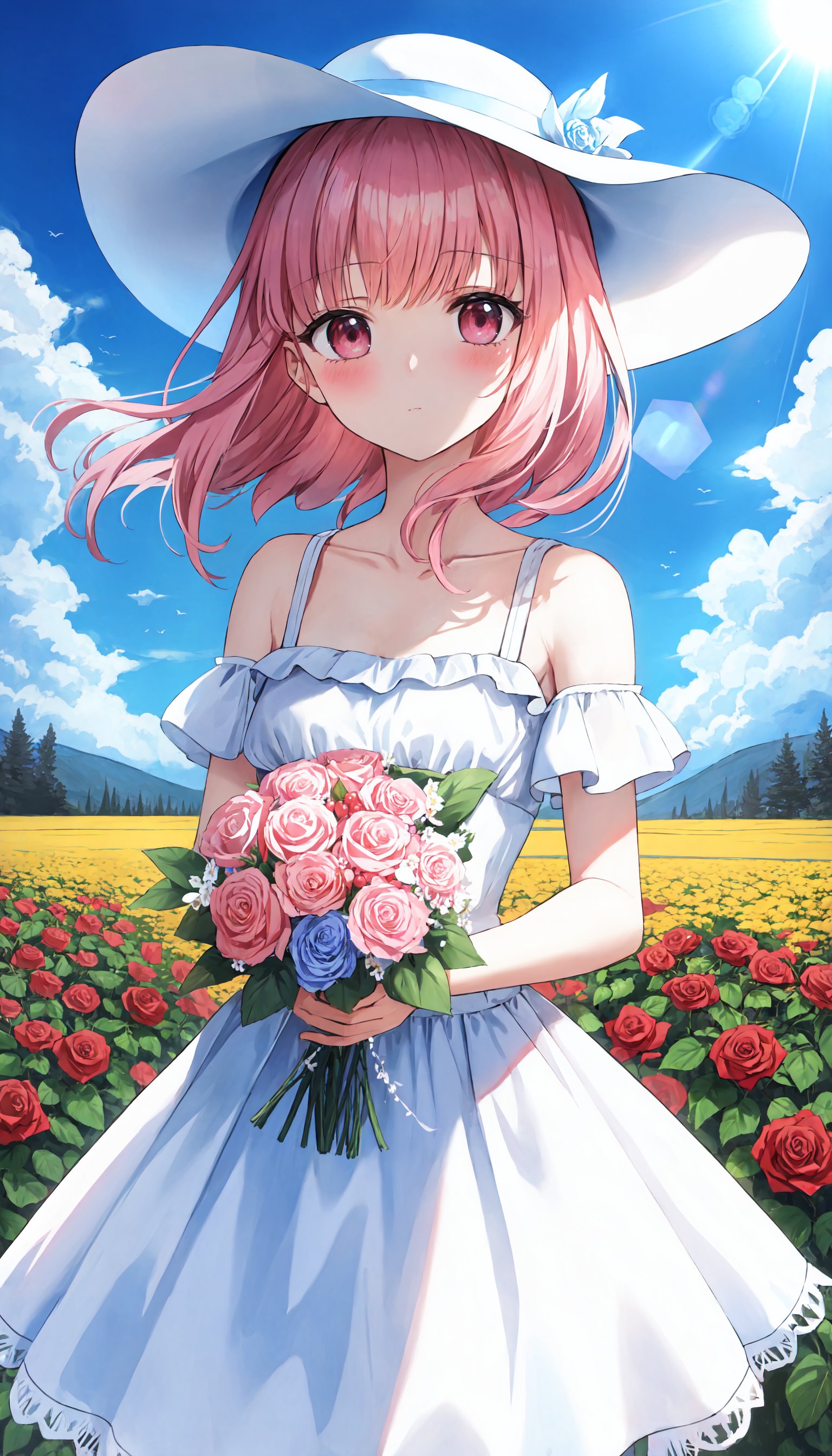 (masterpiece, best quality), 1girl, flower, solo, dress, holding, sky, cloud, hat, outdoors, bangs, bouquet, rose, expressionless, blush, pink hair, flower field, red flower, pink eyes, white dress, looking at viewer, midium hair, holding flower, small breasts, red rose, holding bouquet, sun hat, white headwear, depth of field,