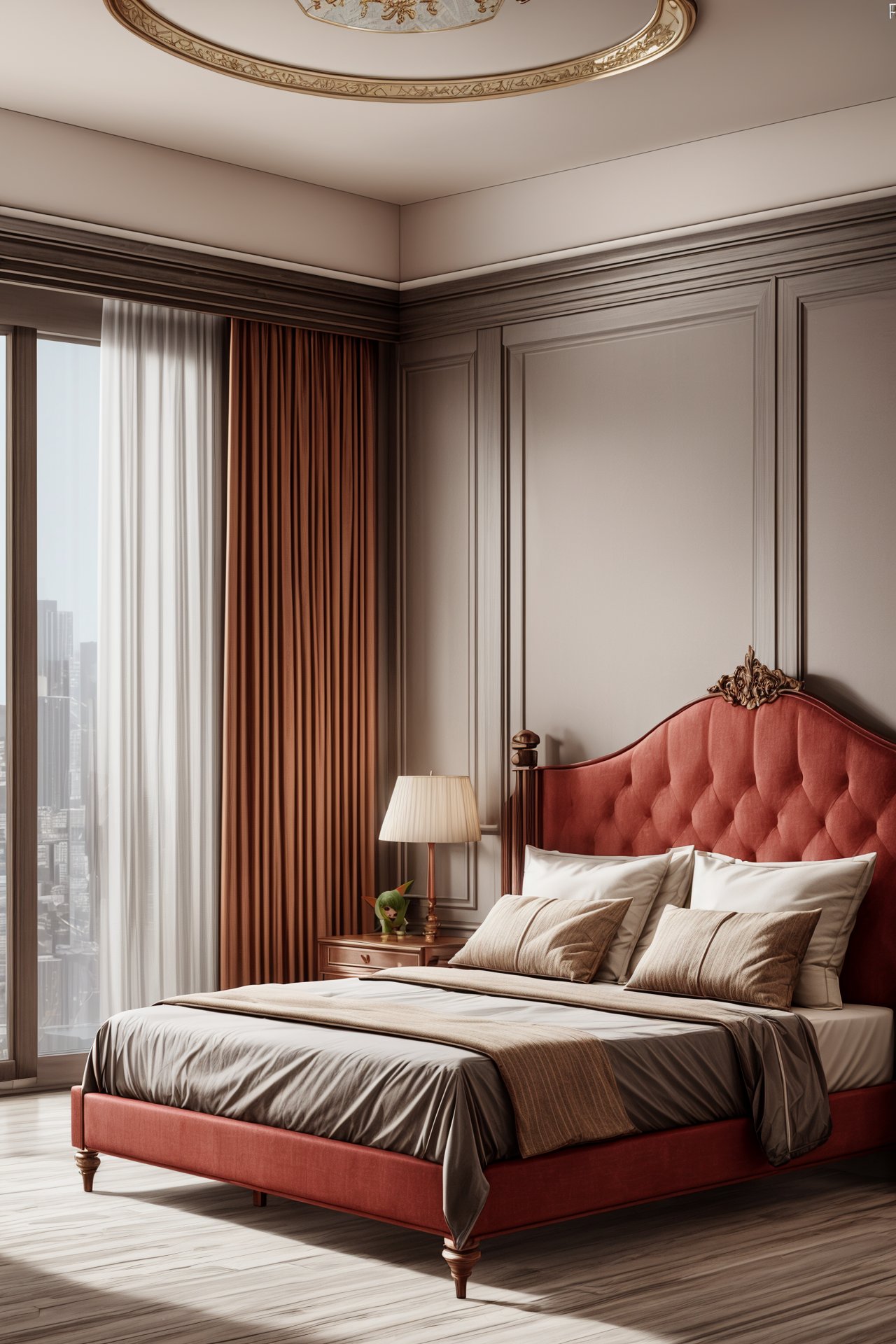 Ultra-realistic 8k CG,masterpiece,best quality,Highly detailed,Professional,extreme detail description,red theme,indoors,bedroom,bed,frame,curtains,<lora:Yue暖馨室内设计v1:0.7>,<lora:add_more_details:0.6>,dome light,(leafeon:1.3),wardrobe,