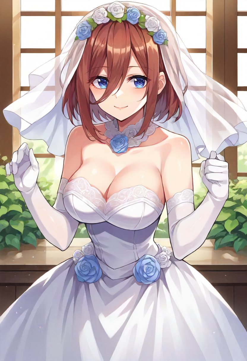 score_9, score_6_up, source_anime, 1girl, solo, cowboy shot, wedding dress, nakano miku, brown hair, hair between eyes, light smile <lora:quintessential_quintuplets_sdxl_pony:0.8>