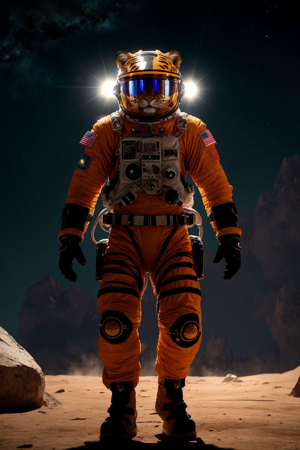 Realistic 8K raw photography, full body view, Majestic tiger prowling, Astronaut character concept, Intricate spacesuit design, (Vibrant color accents:1.2), Striking visor reflection, (Epic cinematic lighting:1.3), Hyper-realistic fur textures, Piercing gaze, Dynamic pose <lora:balanced lighting image enhancer v1.04:0.6>