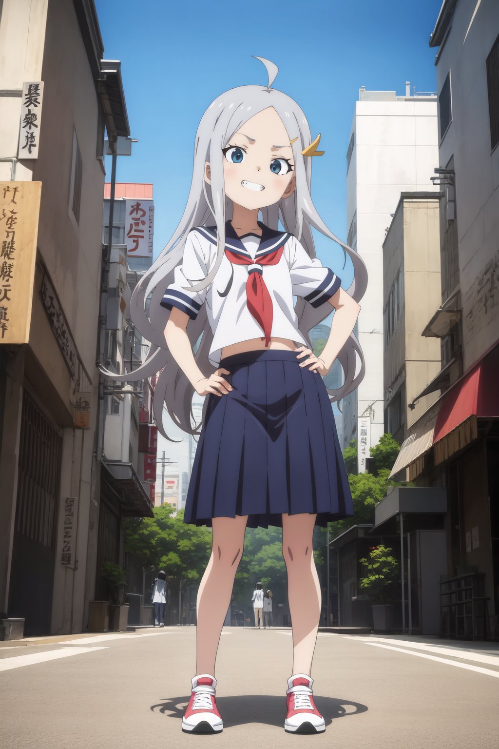 (absurdres, official art, illustration, anime:1.2),1girl, grin, blue eyes, grey hair, hair ornament, long hair, hairclip, ahoge, forehead, flat chestBREAK serafuku, uniform, blue skirt, red sneakers, hands on own hipsBREAK contrapposto, full body, wide shot, detailed background, tokyo, city, bustling street