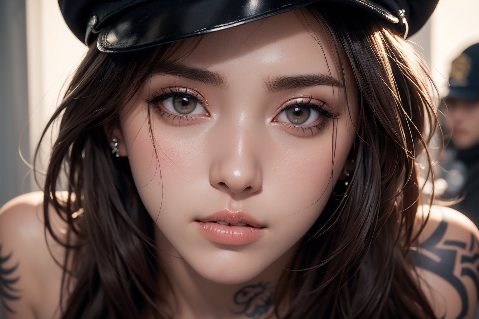 photorealistic,  high resolution,  1women,  solo,  hips up,  look at viewer,  (detailed face),  long hair,  tattoo,  jewelry,  police uniform、(nsfw:1.5),<lora:EMS-3183-EMS:0.400000>,<lora:EMS-50097-EMS:0.600000>,<lora:EMS-52872-EMS:0.200000>