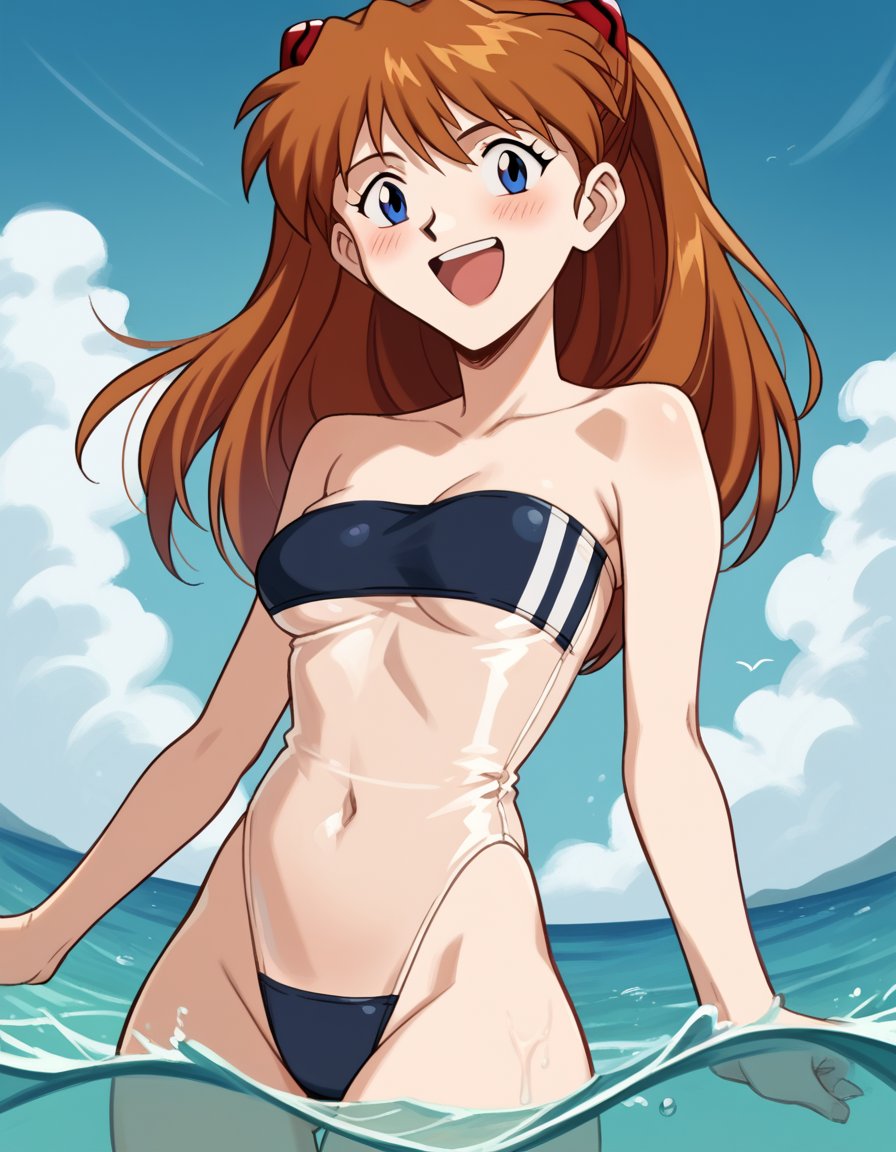 score_9, score_8_up, score_7_up, source_anime, asukalangleysoryu, <lora:asuka-langley-soryuu-classic-ponyxl-lora-nochekaiser:1>, asuka langley soryu, long hair, bangs, blue eyes, brown hair, hair ornament,, <lora:gris-swimsuit-ponyxl-lora-nochekaiser:1>, gris swimsuit, see-through one-piece swimsuit, strapless one-piece swimsuit, double verticle stripe, highleg swimsuit, covered navel, see-through, strapless, underboob,, outdoors, beach, submerged, water, blush, smile, open mouth,, cowboy shot, dutch angle,