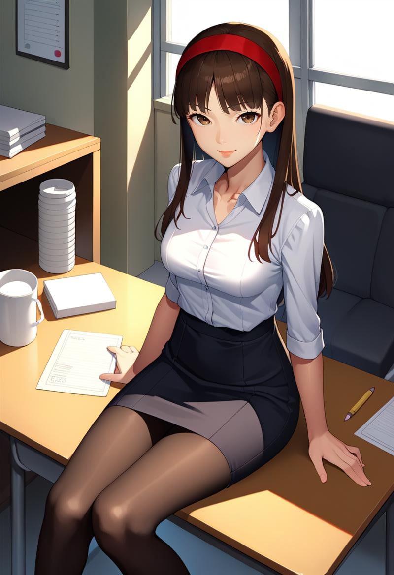 score_9, score_8_up, score_7_up, source_anime, solo, 1girl, yukikodef, slight smile, looking at viewer, sitting on desk, red hairband, white shirt, collared shirt, black skirt, pencil skirt, black pantyhose, indoors, office <lora:persona4_amagi_ponyXL-000007:1>