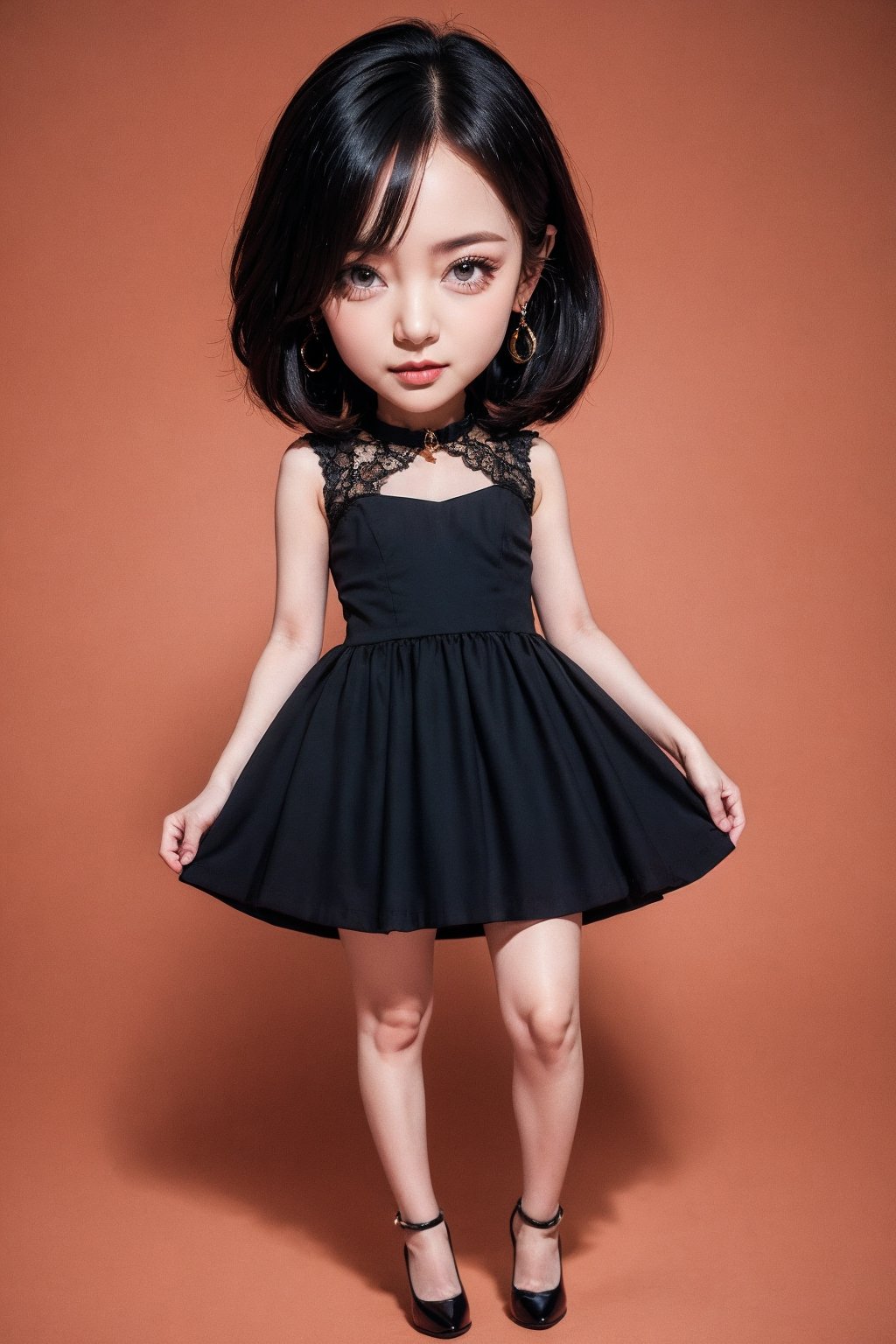 1girl, solo, chibi, black hair, dress, jewelry, black dress, photorealistic, realistic, looking at viewer, earrings, choker, black footwear, black choker, full body,