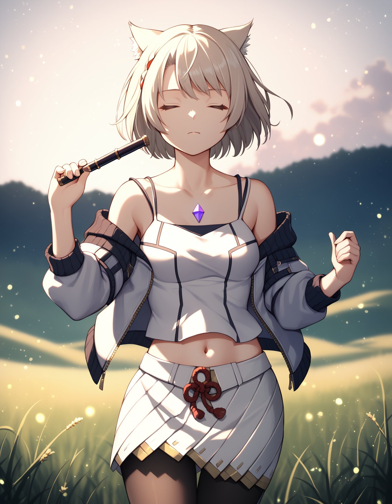 score_9, score_8, score_7, source_anime,<lora:xb3-ponyxl-000003:1>1girl,mio, black pantyhose, chest jewel, midriff, navel, skirt, white camisole, white skirt,closed eyes, playing flute, outdoors, field, night, light particles,