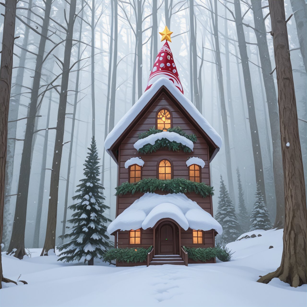 Dense fairy tale forest with mushroom houses covered in snow on christmas