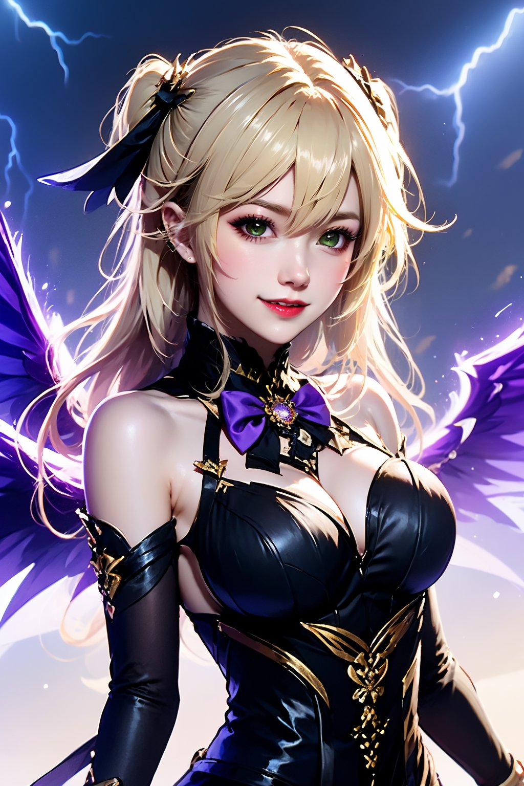 1girl, solo, breasts, green eyes, blonde hair, fischl \(genshin impact\), looking at viewer, long hair, two side up, red lips, bare shoulders, bow, upper body, hair between eyes, wings, lips, ribbon, medium breasts, bowtie, dress, purple bow, hair ribbon, detached sleeves, black dress, smile, purple bowtie, hair ornament, lipstick, makeup, tattoo, parted lips, torn clothes, large breasts, black ribbon, realistic, closed mouth, lightning, sleeveless, nose, gem, feathered wings, cleavage