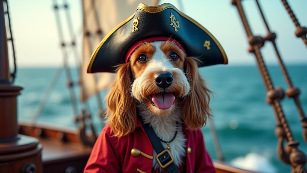 A dog pirate, pirate dog is captain jack sparrow, on his pirate ship at sea, (masterpiece, award winning photography), many details, extremely detailed, full of details, Wide range of colors, high Dynamic, UHD