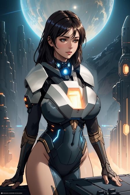 masterpiece, best quality, mecha, no humans, black armor, blue eyes, science fiction, fire, laser canon beam, war, conflict, destroyed city background