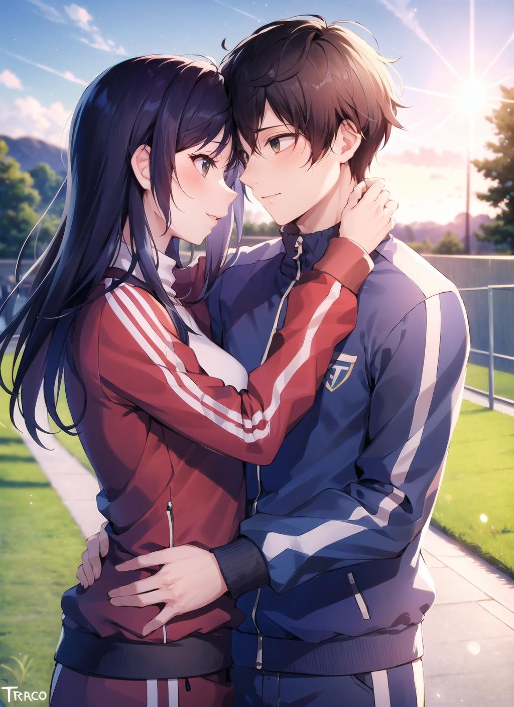 forehead-to-forehead, 1girl, 1boy, hetero, tracksuit, outdoors, lens flare,    <lora:forehead-to-forehead_v2_b-000008:0.9>