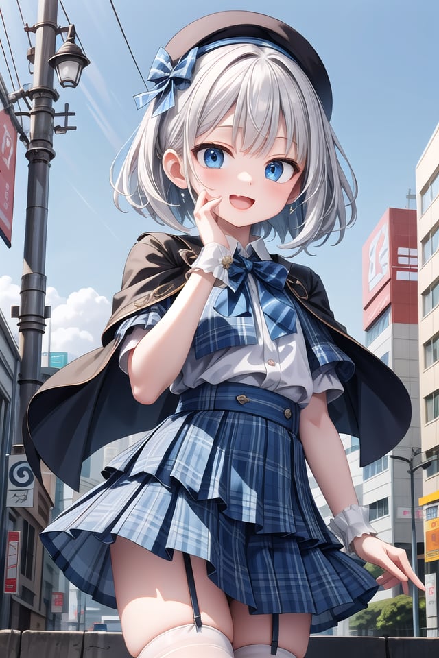 (cleavage:-1.5), insanely detailed, absurdres, ultra-highres, ultra-detailed, best quality,1girl, solo, nice hands, perfect hands,BREAK(gothic drress, Idol costume:1.3), (blue and white theme:1.2), (white blouse:1.4), (white collar, tie:1.3), (open short-cape:1.3), (short sleeve:1.2), (blue tartan-check pattern (ruffle-skirt, multilayer-skirt):1.4), (white basque-beret with ribbon:1.3), (Fishnet stockings:1.3), (glove:1.2), (cleavage:-1.5)BREAKhappy smile, laugh, open mouth,standing,own hands together,cowboy shot,BREAKslender, kawaii, perfect symmetrical face, ultra cute girl, ultra cute face, ultra detailed eyes, ultra detailed hair, ultra cute, ultra beautiful,BREAKcityscape in tokyo, ultra detailed background, blue sky, bay side, panorama view,medium breasts, white hair, blue eyes