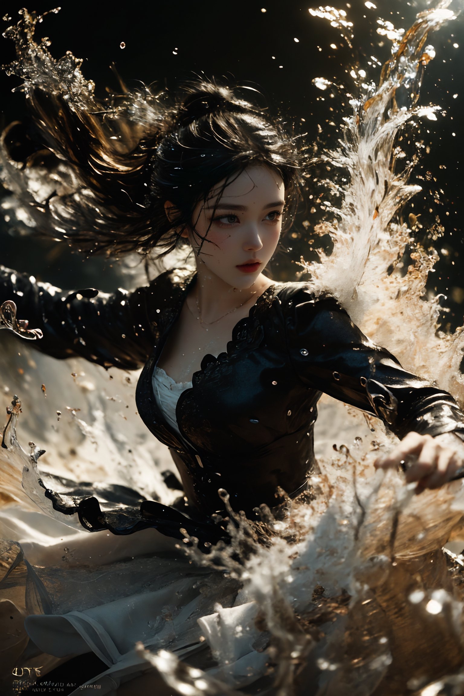 ultra high resolution, ((masterpiece))), (((best quality))), ((super detailed)),  ((extremely delicate and beautiful)),cinematic light, detailed environment，(real), motion blur, depth of field, Black background，1 girl,solo,(splashing:1.3),<lora:绪儿-武侠V3 xuer martial arts:0.8>