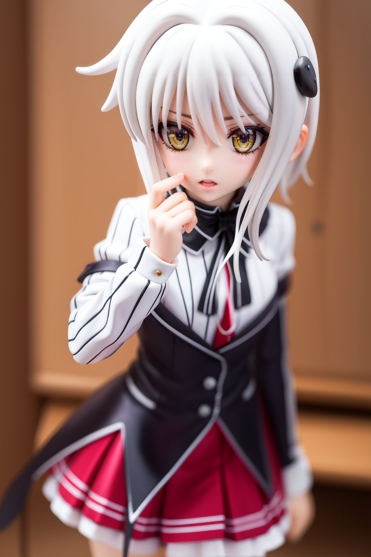 pvc style,konekotoujou, <lora:koneko toujou anime s1-lora-nochekaiser:1>,koneko toujou, short hair, hair ornament, (yellow eyes:1.2), white hair,BREAK skirt, school uniform, shirt, white shirt, collared shirt, neckerchief, black neckerchief, long sleeves, red skirt,BREAK indoors, classroom,BREAK looking at viewer, (cowboy shot:1.5),BREAK (masterpiece:1.2), best quality, high resolution, unity 8k wallpaper, (illustration:0.8), (beautiful detailed eyes:1.6), extremely detailed face, perfect lighting, extremely detailed CG, (perfect hands, perfect anatomy),figma,full body, 