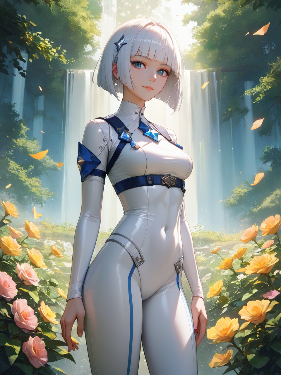 score_9,score_8_up,score_7_up,1girl,solo,best quality,highres,masterpiece,rim light,available light,cinematic lighting,highly detailed,high budget,masterpiece,best quality,perfect anatomy,very aesthetic,1girl,solo,white hair,short hair,hime cut,white bodysuit,cowboy_shot,plant,star colonies,