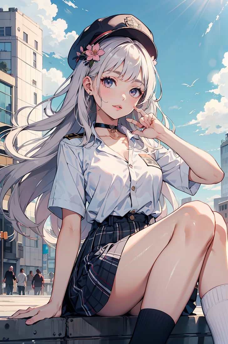 (pastel colours:1.3), 1girl,cait aron, sky,floating hair,highres, headwear,azalea (flower), <lora:ganyu2ep10 0.85dim32:1>1girl,holding,cleavage,leria v,badge,sky,plaid skirt,,outstretched leg,socks,shirt,original,heart-shaped box,furry female,choker,cloud,white shorts,cityscape,wind,original,original,eyebrows,hand up,colla shirt,solo,