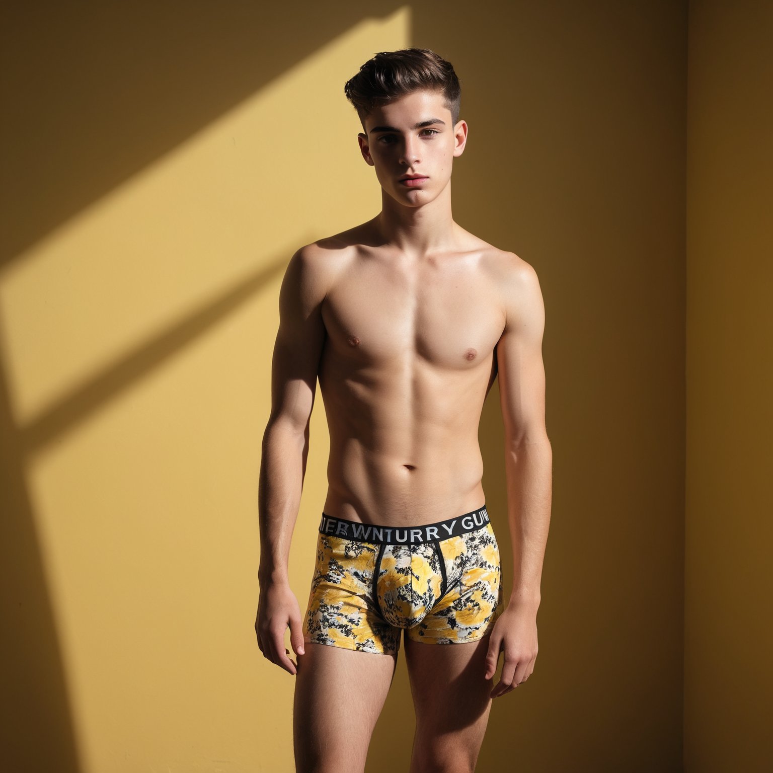 Raw photo, high saturation, full body shot of a juicy Greek twink, dynamic guy next door pose, (18yo), model, boy next door, floral patterned underwear, cheeky, very short undercut hair, clean shaven and smooth everywhere, high fashion, (silhouette), (shadows), skin imperfections,BREAKphotography studio background, yellow neon stage lighting