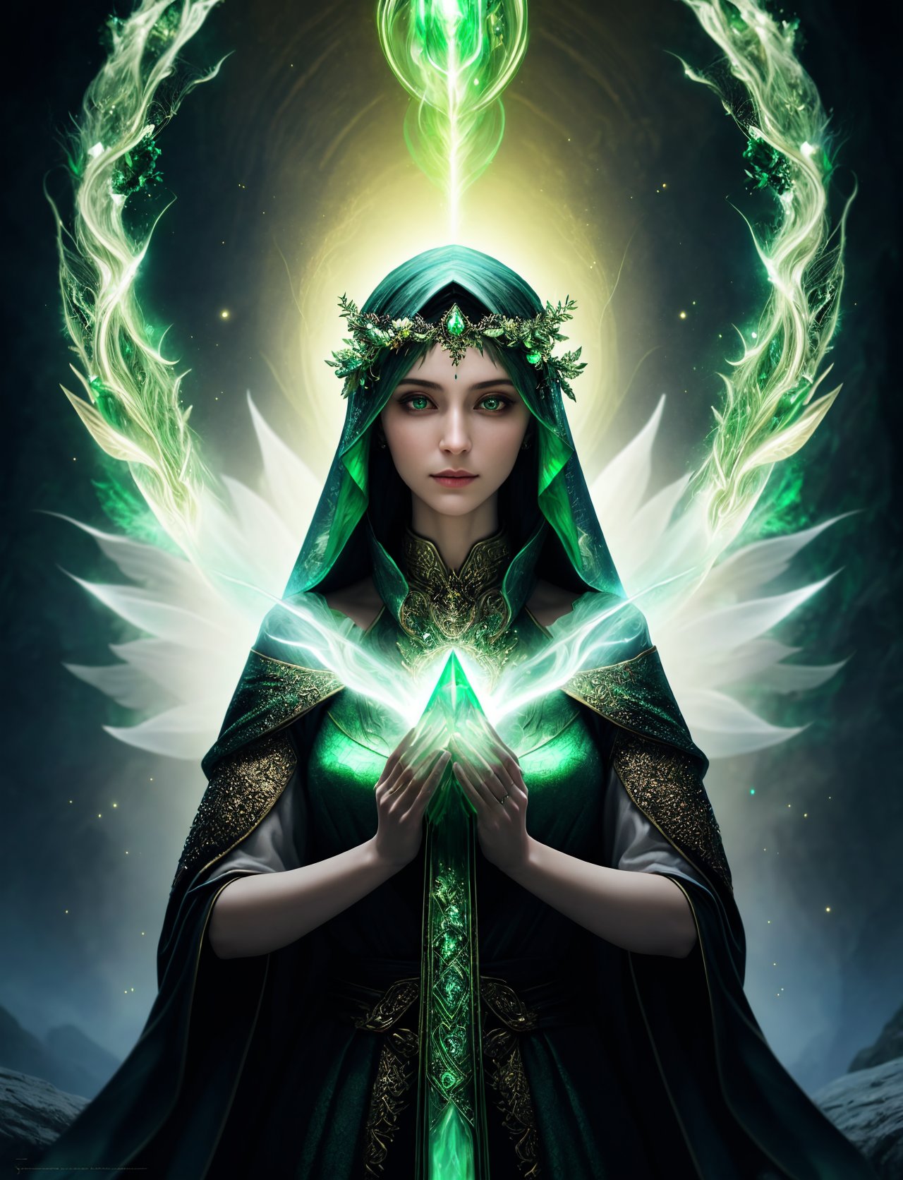 hyper detailed masterpiece, dynamic realistic digital art, awesome quality, person, female fey sorcerer  Exercising ritual shaped like Shroud of emerald pyroclasmic earth and enchantment, DonMM4g1c  <lora:DonMM4g1c-v1.2rb2:0.8>