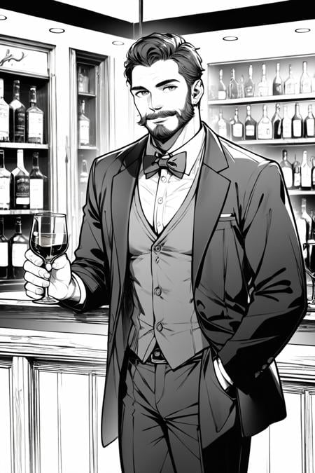 score_9, score_8_up, score_7_up, score_6_up, score_5_up, score_4_up, 1boy, male focus, facial hair, solo, bowtie, mustache, bow, monochrome, formal, cup, looking at viewer, vest, drinking glass, suit, beard, holding, whiskey, greyscale, jacket, alcohol, blurry, bar (place), indoors <lora:Line Art Style LoRA XL:1>