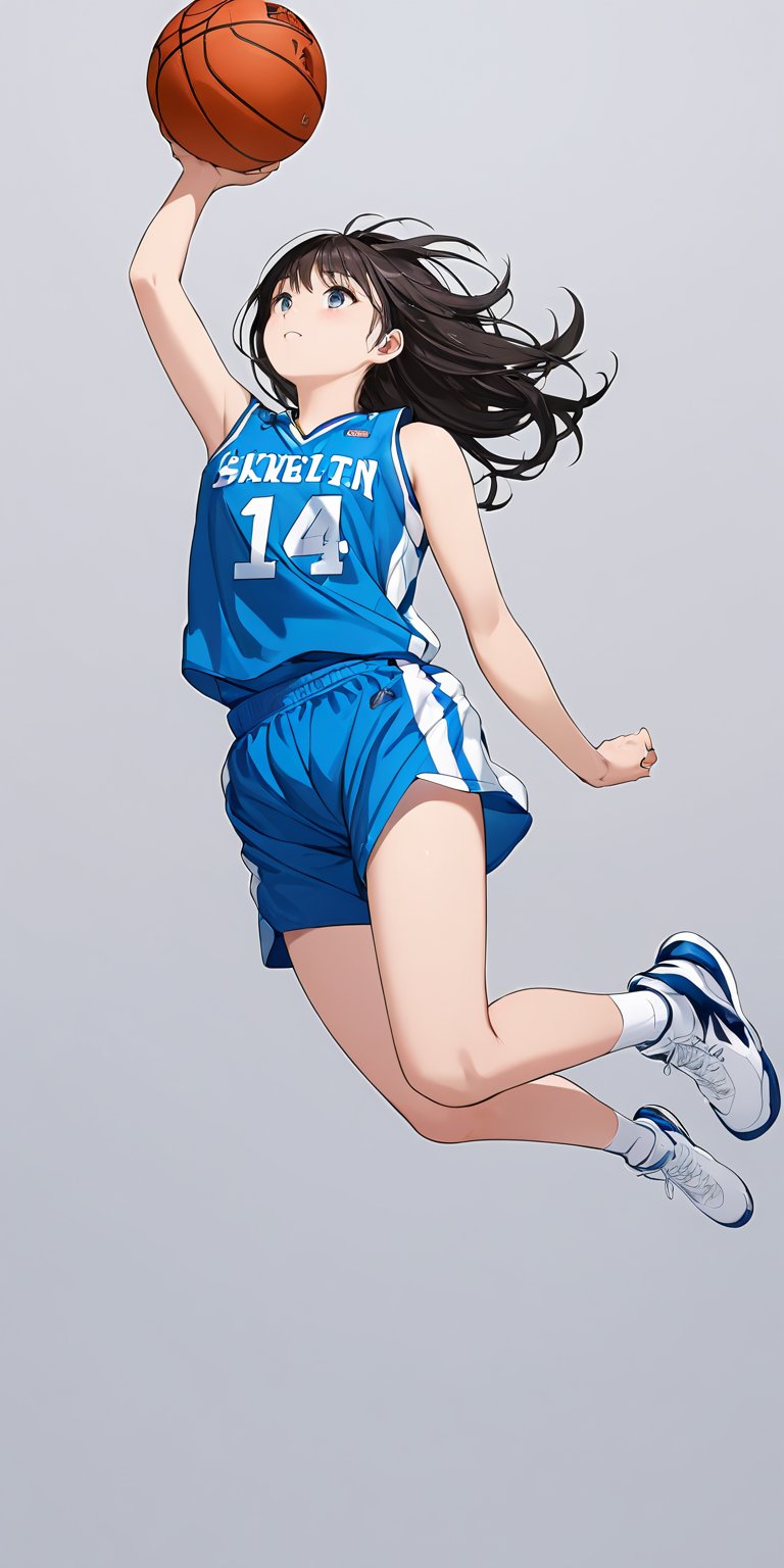 masterpiece,ultra-detailed,best quality,8K,illustration,cute face,clean skin ,shiny hair,girl,ultra-detailed-eyes,simple background, <lora:add-detail-xl:1> <lora:basketball uniform_XL_V1.0:0.7> basketball uniform,holding ball,jumping,shoot,hands up,look up