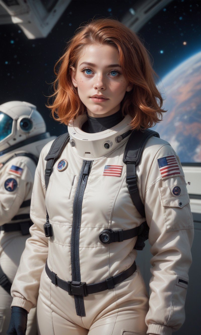 score_9, score_8_up, score_7_up, best quality, masterpiece,realistic, photo of a ginger woman, in space, futuristic space suit, (freckles:0.8) cute face, sci-fi, dystopian, detailed eyes, blue eyes
