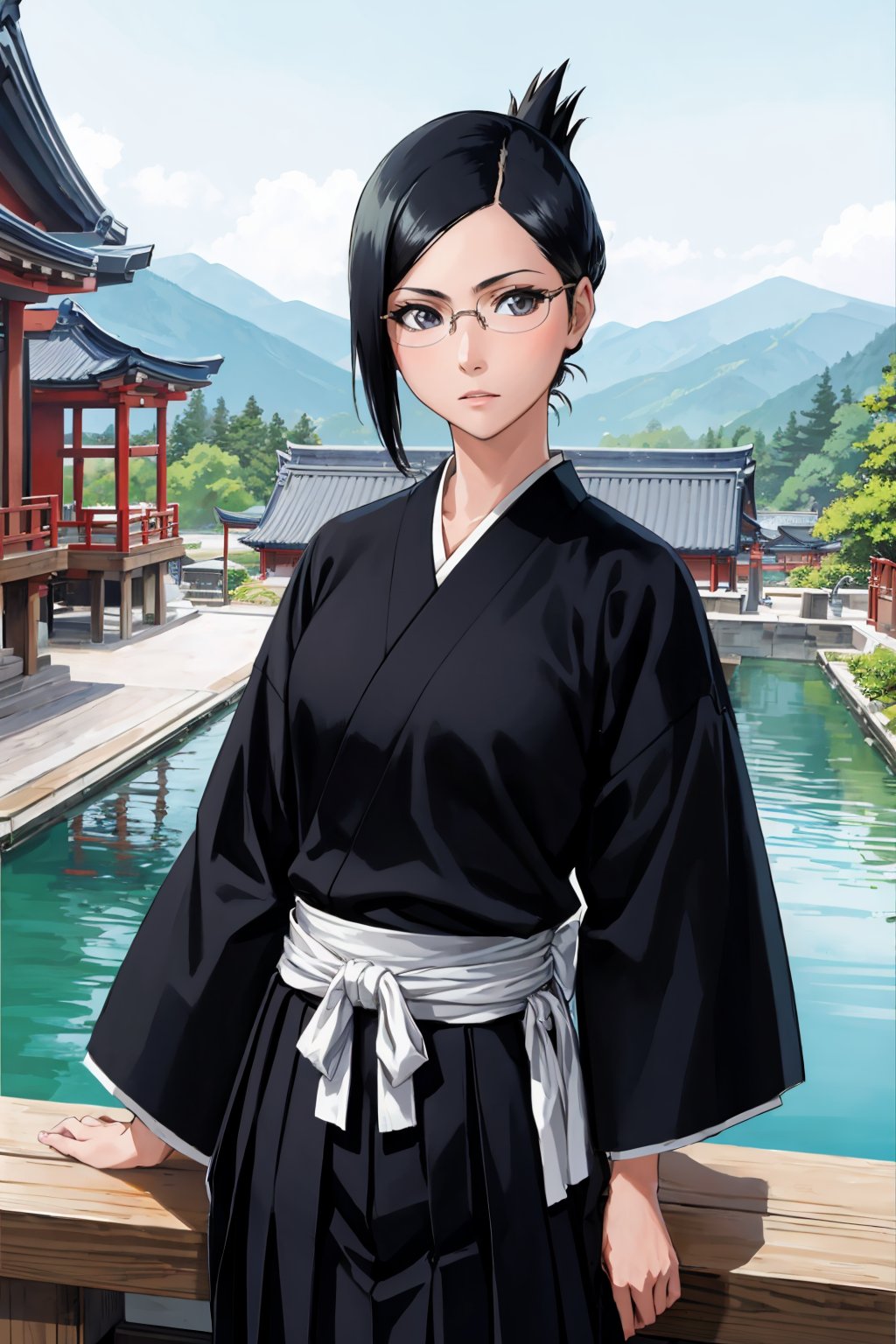 masterpiece, best quality, <lora:isenanao-nvwls-v1-000009:0.9> ise nanao, folded ponytail, glasses, black robes, sash, hakama skirt, upper body, looking at viewer, japanese architecture