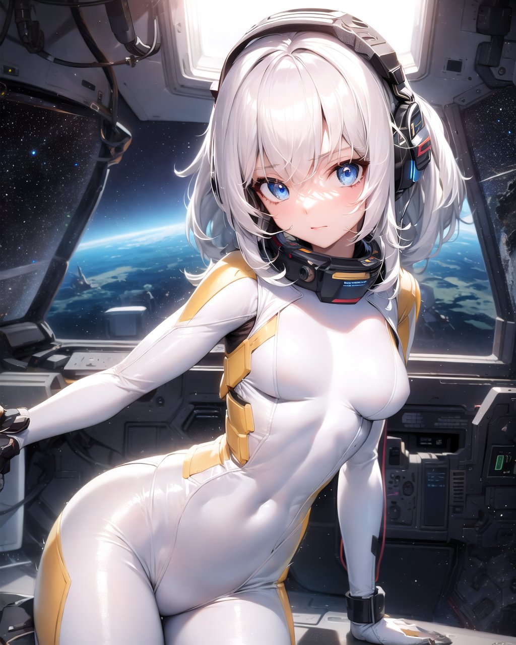 masterpiece, best quality, 1girl, spacecraft, (spacecraft interior), white hair, blue eyes, looking at viewer, window, stars, bodysuit, space, blue eyes, white hair, medium hair, headset, medium breasts, 