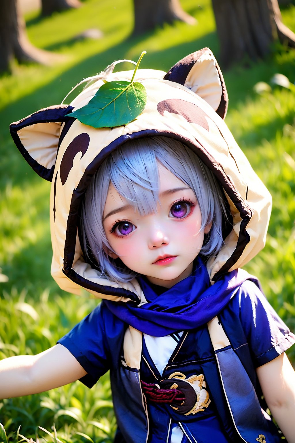 1girl, solo, sayu \(genshin impact\), leaf, leaf on head, purple eyes, hood, looking at viewer, blurry, short hair, animal ears, animal hood, outdoors, upper body, black scarf, depth of field, short sleeves, scarf, realistic, lips, raccoon ears, japanese clothes, grey hair, fake animal ears, blurry background, tree, gloves, closed mouth, grass, bow, child, eyelashes, fingerless gloves, ninja, kimono, weapon, arm guards, hood up, black gloves, hair between eyes, bowtie, blush, blunt bangs, day, nature, nose